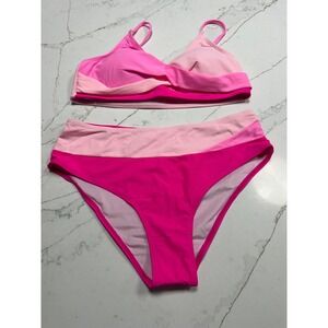 Womens Pink Colorblock High Waisted Bikini Set Twist Front Swimsuit Fuchsia NWOT